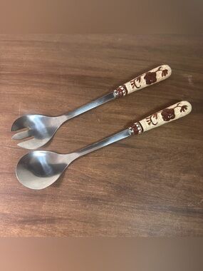 Temptations Stainless Steel Salad Servers Spoon & Fork Floral Handle